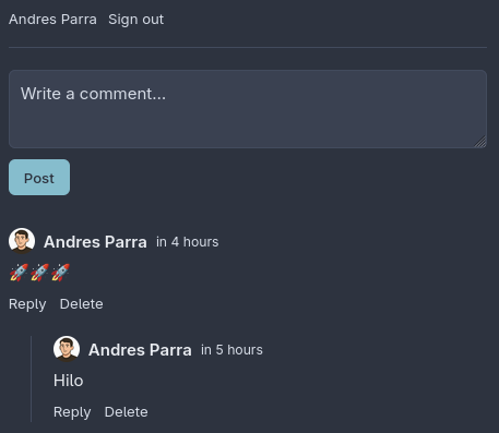 The Hilo widget: a comment composer above two nested replies, each with a GitHub avatar and relative timestamp.